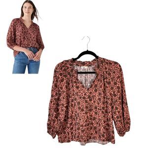 Faherty Portia Montserrat Floral Pink Burgundy 3/4 Sleeve Blouse Size Small